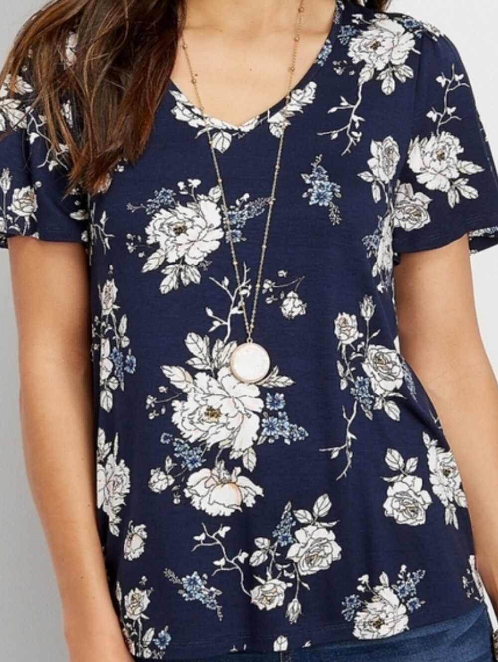 Navy Floral V-Neck Short Sleeve Tee